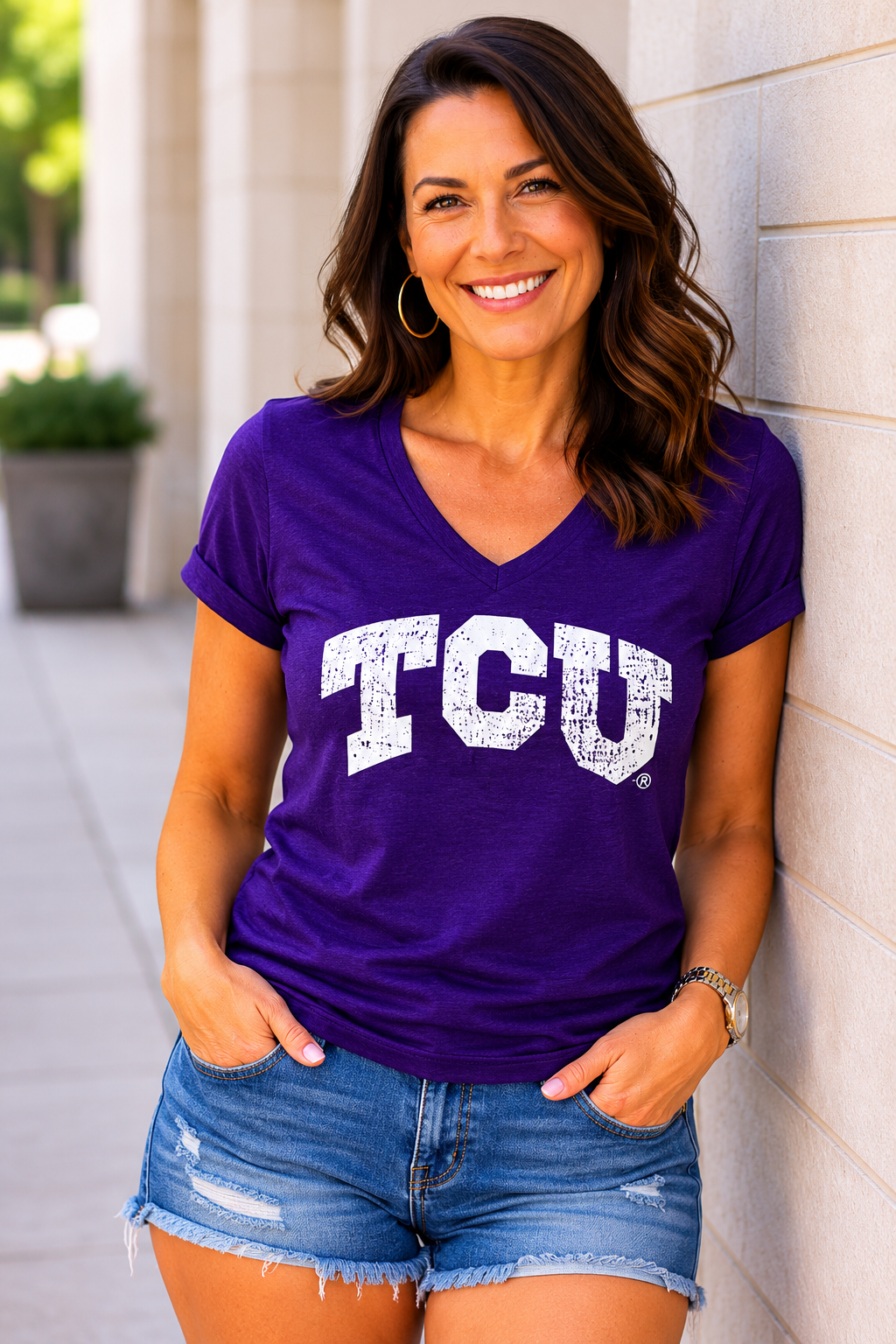 TCU Horned Frogs Women's V-Neck T-Shirt — Purple/White